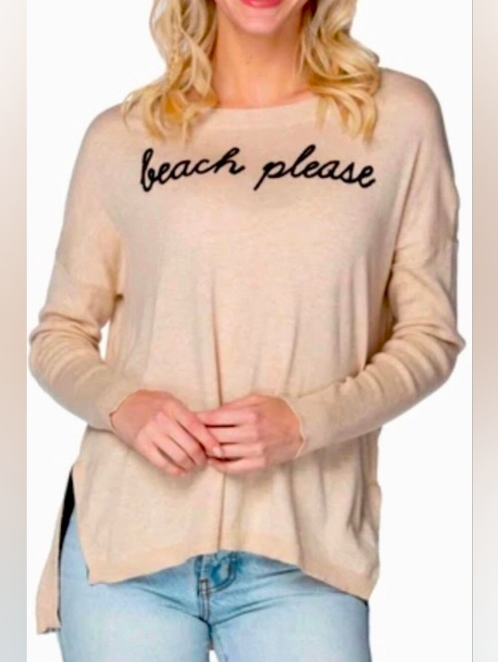 SUBTLE LUXURY Beach Please Embroidered Zen Blend Jane Drop Shoulder Crew Sz S/M